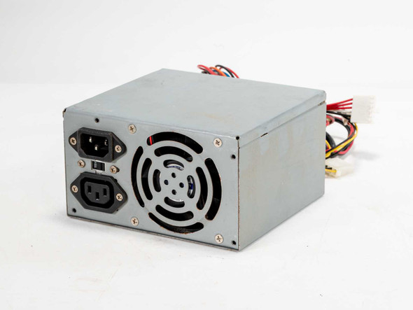 Dynapower 250W AT power supply — rear panel view showing dual IEC connectors, rocker voltage selector switch, and fan grille