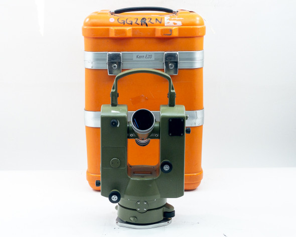 Kern E20 Theodolite front view showing telescope objective lens, with orange Kern-labeled hard case behind