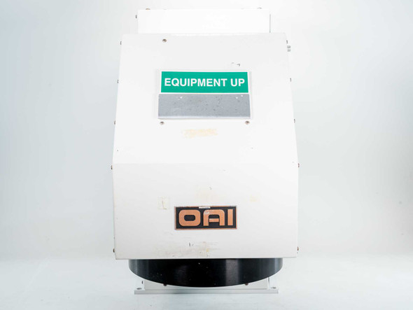 OAI 0130-041-04 UV exposure housing – straight front view showing OAI logo, Equipment Up indicator panel, and circular black aperture opening