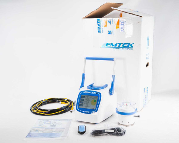 EMTEK V100 Microbial Air Sampler full kit with RS2 head, yellow sensor cable, remote control, USB drive, documentation, and original EMTEK box