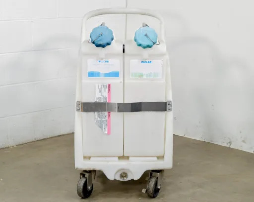 Ecolab EZBlend Boost Foam Unit – front view showing dual solution tank tops with blue caps and Ecolab labels, on wheeled cart