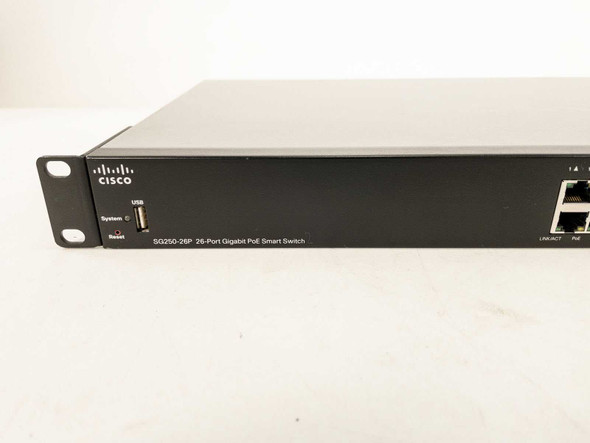 Cisco SG250-26P front panel close-up showing USB port, System LED, Reset button, SFP uplink ports, and model label