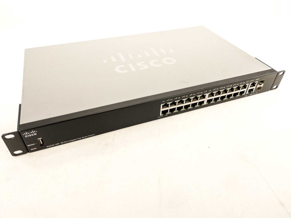 Cisco SG250-26P 26-Port Gigabit PoE Smart Switch — right-angle view showing top and front panel with 24 RJ45 ports and Cisco branding