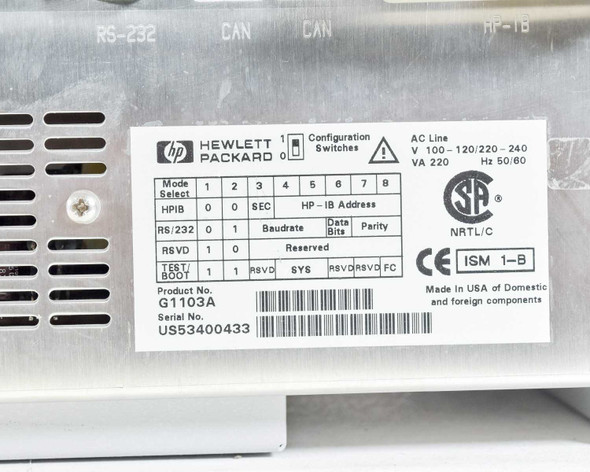 HP 8453 Diode-Array Spectrophotometer rear label — Product No. G1103A, Serial No. US53400433, AC Line V100-120/220-240, VA 220, Hz 50/60, HP-IB and RS-232 configuration switches visible