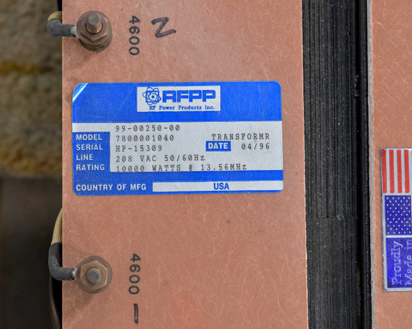 RFPP nameplate label showing model 99-00250-00, line 208 VAC 50/60Hz, 10000W at 13.56MHz, date 04/96, country USA