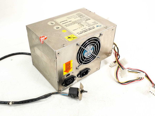 Real Power RPA-7250C 250W switching power supply — rear and side view showing IEC AC inlet, cooling fan, power toggle switch, and output cable harness