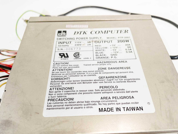 DTK Computer PTP-2001 label showing model number, input 115V/230V, and output rail specifications – Made in Taiwan