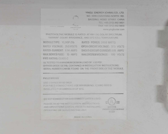 Yingli Energy YL240P-29b rating plate label showing module type, rated power 240W, Vmp 29.5V, Imp 8.14A, Voc 37.5V, Isc 8.65A, and max system voltage