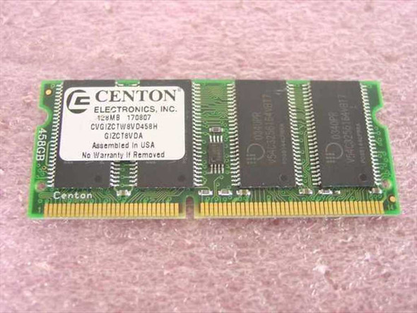 Centon Electronics GIZCT8VDA 128MB SO-DIMM SDRAM laptop memory module — front label view showing part numbers CVGIZCTW8VD458H and GIZCT8VDA