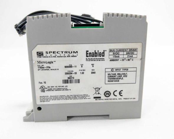 Spectrum Controls 1762sc-IF8u front label detail — showing cat no. 900009-11, firmware rev, bus current draw 5VDC 175mA / 24VDC 21mA, and input types list