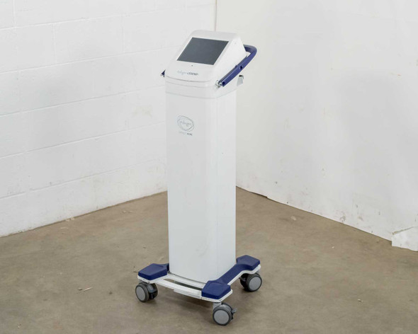 Pollogen Legend+ RF TriPollar system – full unit three-quarter view on mobile cart with blue handles and casters