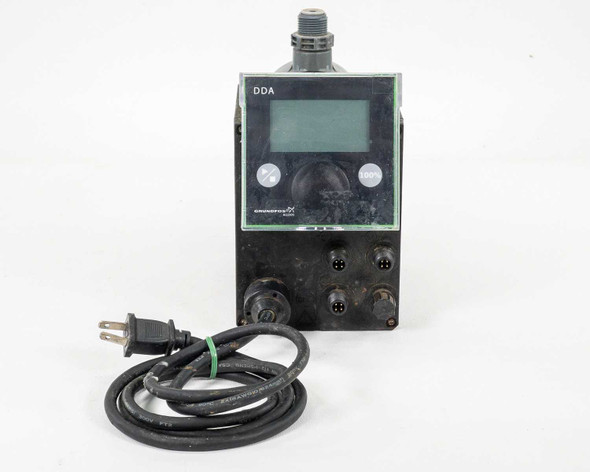 Grundfos Alldos DDA 12-10 digital dosing pump – straight front view showing LCD display, navigation buttons, Grundfos Alldos logo, and multi-pin connectors on lower face