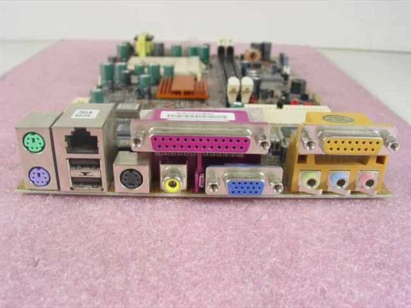 PC Chips HS9E01 motherboard I/O panel – showing PS/2, USB, RJ-45 LAN, parallel, serial, VGA, audio, and game ports