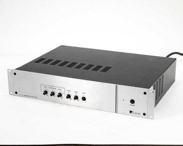 Leon L3-1K Subwoofer Amplifier front panel angled right view showing silver brushed faceplate and power button
