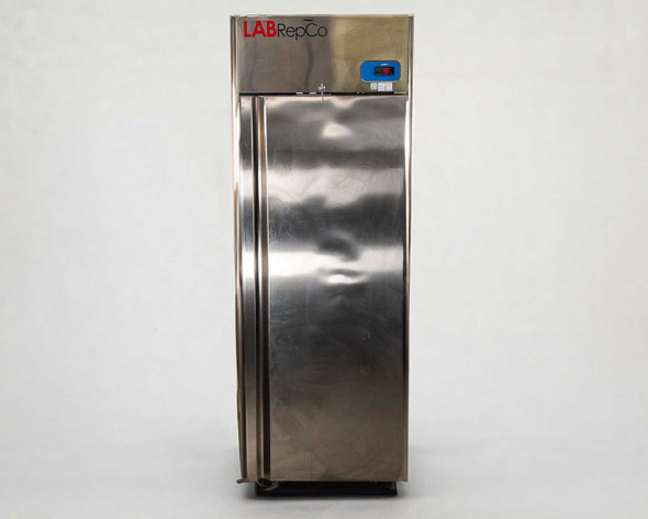 LabRepCo LABLD-25-SDSS Futura Plus+ lab refrigerator — straight-on front view showing stainless door, LABRepCo logo, and blue digital controller panel