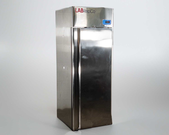 LabRepCo LABLD-25-SDSS Futura Plus+ 25 cu ft stainless steel lab refrigerator — front-left three-quarter view showing full exterior and digital temperature controller