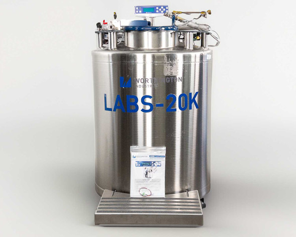 Worthington LABS20K-CS cryogenic freezer — three-quarter front view showing CS200 controller display, plumbing connections on top, and fill hose fittings