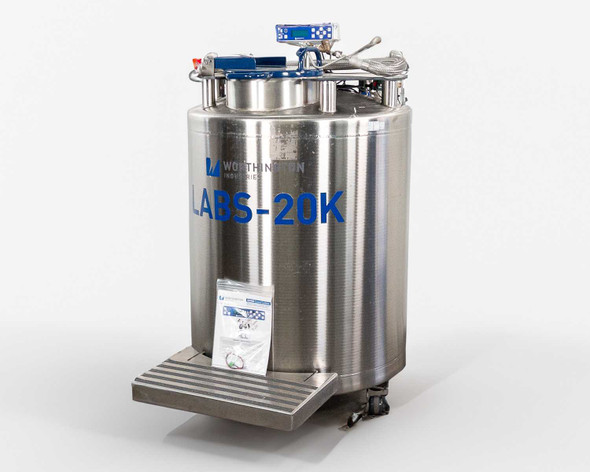 Worthington Industries LABS20K-CS LN2 cryogenic freezer — front view showing stainless steel tank body and CS200 controller on top, with locking step at base