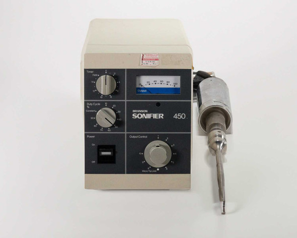 Branson Sonifier 450 front panel – timer knob, duty cycle knob, output meter, power switch, and output control dial with converter probe attached