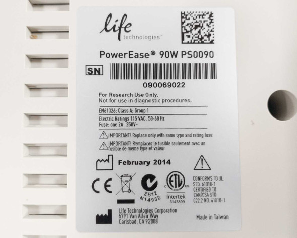 Life Technologies PowerEase 90W PS0090 rear label showing serial number, February 2014 manufacture date, certifications, and electrical ratings