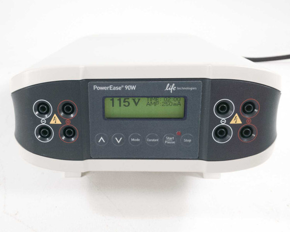 Life Technologies PowerEase 90W PS0090 front panel showing backlit LCD displaying 115V and four banana jack terminal pairs