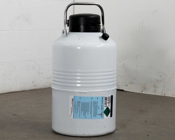 YDS-6 liquid nitrogen dewar side/rear view showing UN1977 hazmat label and stainless bail handle