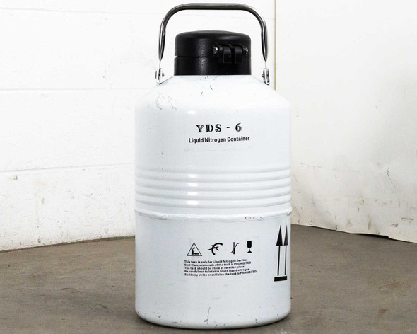 YDS-6 Liquid Nitrogen Container front view showing white aluminum vessel body with model label and carry handle