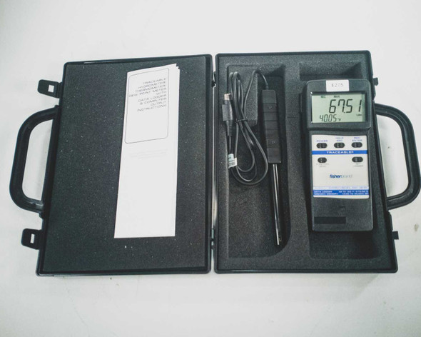 Fisherbrand Traceable S11120 hygrometer data logger open in hard carrying case with probe, RS-232 cable, and documentation sheet