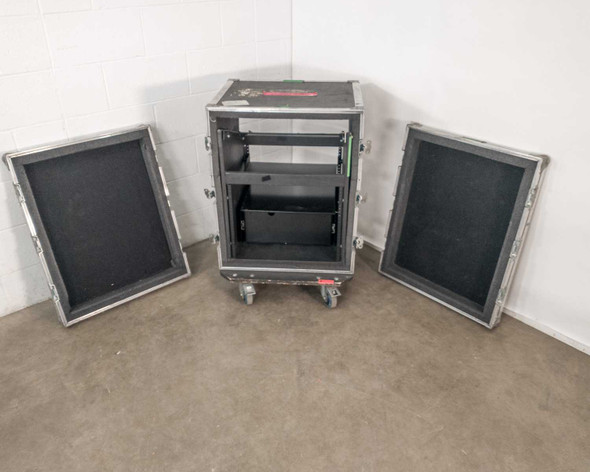 Kent Custom Cases 8U ATA road case broken down into 4 sections – two padded lid panels open and laid flat, interior rack section visible with drawer