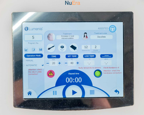 Lumenis NuEra Tight touchscreen displaying assisted treatment mode with faulty temperature sensor and handpiece connection warnings