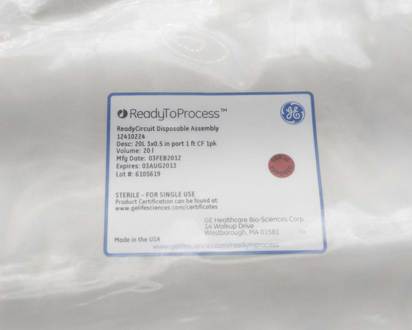 GE Healthcare 12410224 ReadyCircuit Disposable Assembly label showing part number, 20L volume, sterile for single use, Mfg Date 03FEB2012, Lot 6105619