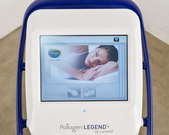 Pollogen Legend+ by Lumenis touch screen display showing main menu with Pollogen branding – front close-up