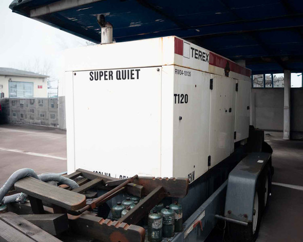 Terex T120 OT120P Super Quiet generator on trailer – opposite side panel view showing sound-attenuated enclosure and RW04-10135 tag