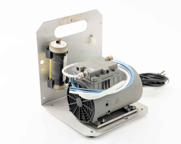 Thomas 607CA22 piston vacuum pump assembly on stainless steel frame with ozone scrubber and blue tubing — three-quarter front view