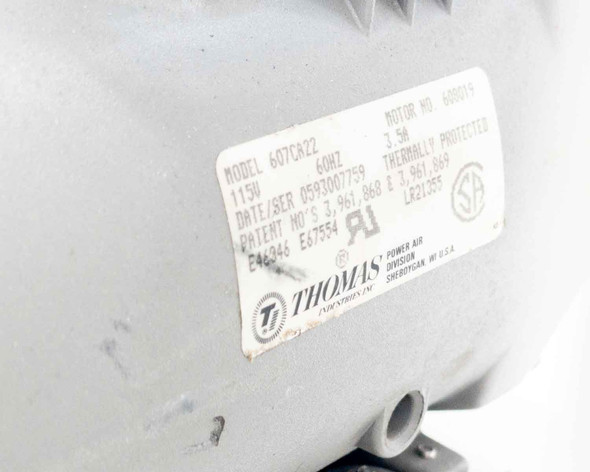Thomas 607CA22 motor label showing model, 115V 60Hz, 3.5A, thermally protected, Thomas Industries Power Air Division Sheboygan WI