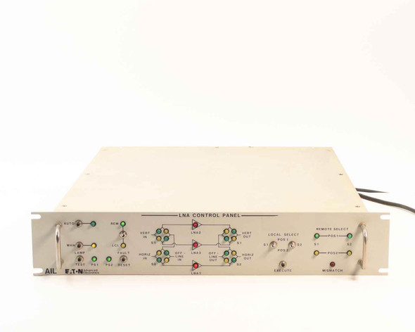 Specialty Microwave 573874-1 LNA Control Panel — straight-on front panel view showing LED matrix, AIL Eaton Advanced Electronics label, and both power cords attached