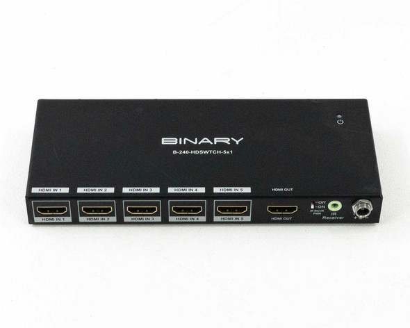 Binary B-240-HDSWTCH-5x1 — front-facing top view showing HDMI IN 1–5 ports, HDMI OUT, IR receiver, and power switch