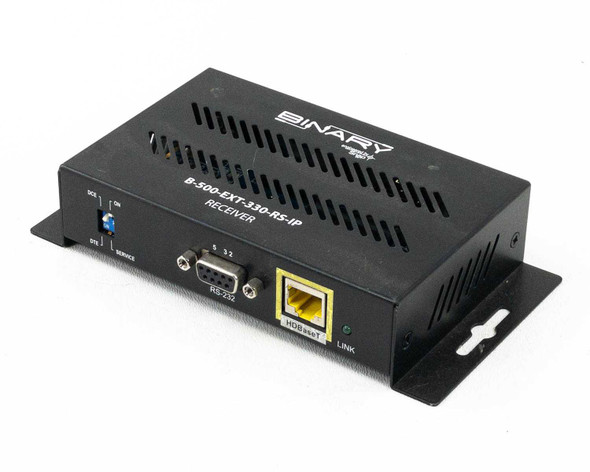 Binary B-500-EXT-330-RS-IP HDBaseT Extender Receiver – three-quarter front view showing RS-232 DB9 and HDBaseT RJ-45 ports