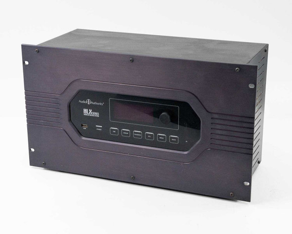 Audio Authority HLX Series modular matrix switcher — 3/4 front-left view showing 6U rack chassis and front panel display