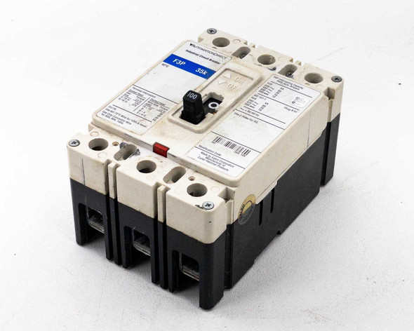 AutomationDirect F3P 35k molded case circuit breaker – three-quarter angle view showing full body, load-side terminals, and trip button
