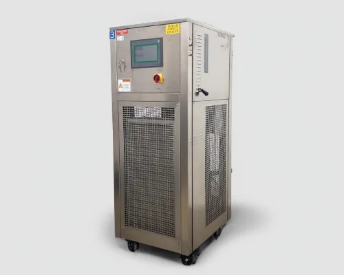 Lneya SUNDI-255 recirculation chiller front-left 3/4 view showing stainless steel enclosure, touchscreen HMI, red emergency stop, and caster wheels