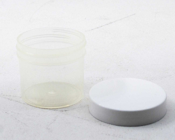 Parkway Plastics A0530200PPC 2oz polypropylene jar open with white lid placed beside it, showing interior