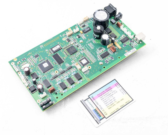 Zebra 404720-001P main logic board for P110i card printer — top side view with test card shown alongside