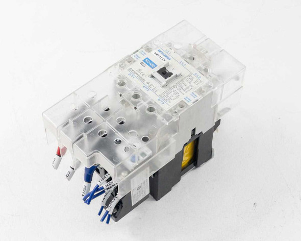 Mitsubishi SD-N50 magnetic contactor – front three-quarter view with clear cover and wire labels