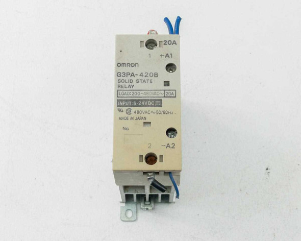 Omron G3PA-420B Solid State Relay front face closeup showing label with model number, 200-480VAC 20A load rating, and 3-32VDC input specification
