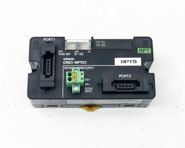 Omron CRS1-RPT01 CompoNet Repeater – top-down view showing RPT node address rotary switches, MS NS status indicators, and PORT1 PORT2 network connectors