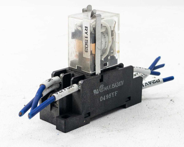 Omron LY2N-D2 relay mounted in PTF08A socket base with blue wired leads – front-left angle view