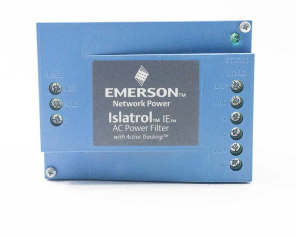 Emerson Islatrol IE-110 AC Power Filter – straight front view showing LINE and STATUS/LOAD terminal rows and Emerson Network Power label