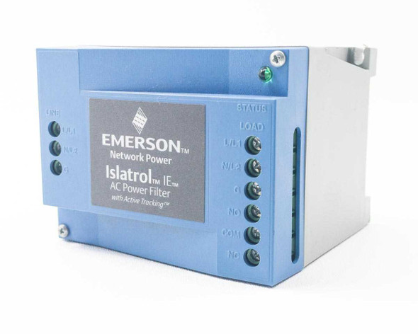 Emerson Islatrol IE-110 AC Power Filter – angled front-left view showing label, STATUS/LOAD/L-L1/N-L2/G/COM/NG terminal indicators and green LED