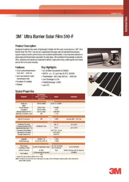 3M Ultra Barrier Solar Film 510-F October 2016 technical datasheet showing product properties, optical transmission specs, WVTR, dielectric, and UL certification details